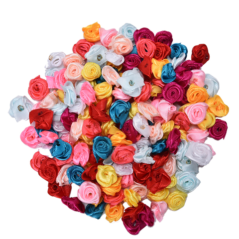 100 Uds Rosa satinado hecho a mano rosetas de cinta de tela Mini flor apliques de lazo para artesanía para decoración de bodas accesorios de costura ► Foto 1/6