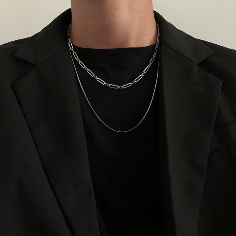 2022 de moda de acero inoxidable de doble capa largo collar de cadena Simple minimalista collar cadena Punk para mujeres y hombres, joyas Goth Gif ► Foto 1/6