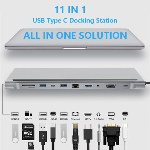 Estación de acoplamiento para ordenador portátil 11 en 1 Hub tipo C con adaptador USB, HDMI, VGA, RJ45, PD para MacBook HP, Lenovo Surface, Compatible con Thunderbolt 3 ► Foto 1/6