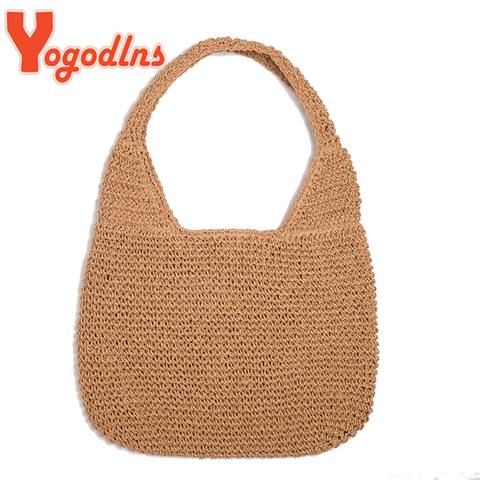 Yogodlns-Bolsa de paja de verano para mujer, bolso hecho a mano de gran capacidad, bandolera de mimbre para vacaciones y playa ► Foto 1/6