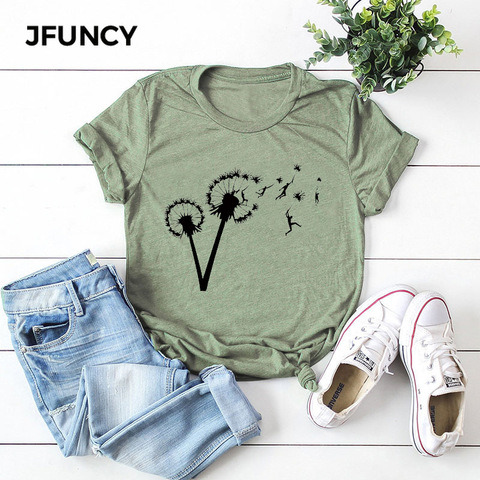 JFUNCY de talla grande camiseta de diente de león vuelo libre gente imprimir camiseta algodón de mujer cuello en O verano Camisetas manga corta de camisa informal ► Foto 1/6