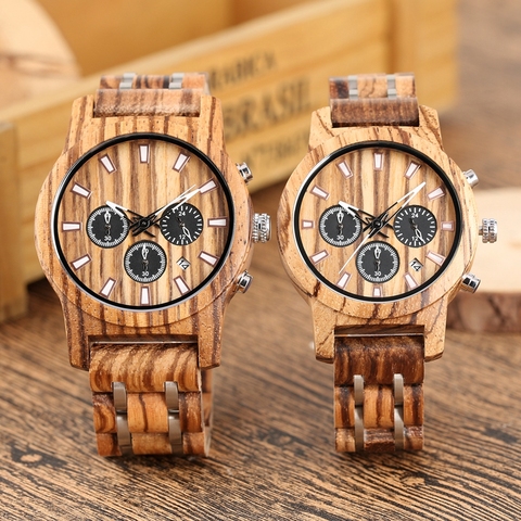 Reloj de madera con indicador de fecha para hombre, cronógrafo de lujo, deportivo, militar, de cuarzo, regalo para amantes ► Foto 1/6