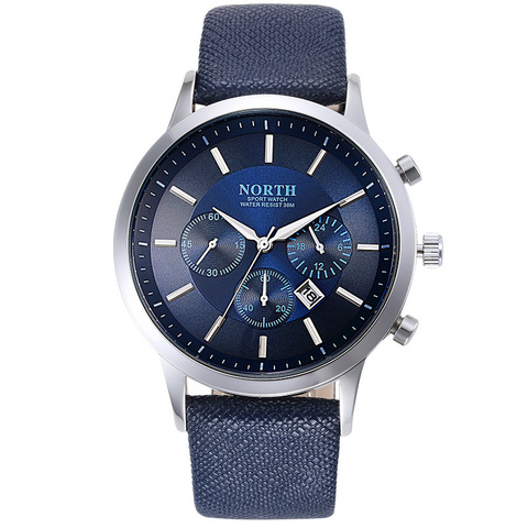 NORTH de lujo reloj de los hombres a prueba de agua moda casual reloj de pulsera de cuarzo de cuero genuino hombre de negocios relojes deportivos hombres reloj azul ► Foto 1/6