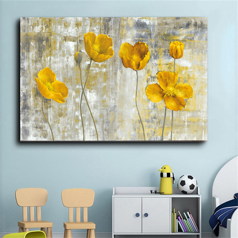 Amarilla abstracta flores lienzo pintura pared imágenes artísticas para decoración para sala de estar, estilo nórdico moderno cuadro decorativo para el hogar ► Foto 1/6