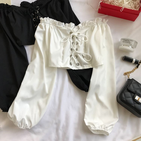 Top de manga larga con hombros descubiertos para mujer, blusa Vintage con volantes y mangas abombadas, camisetas de vendaje con cordones, Tops cortos en negro y blanco ► Foto 1/6