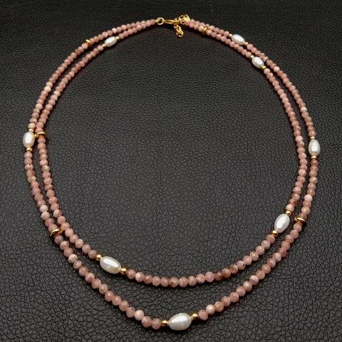 Collar de perlas de arroz blanco cultivadas, Rodocrosita, redonda, facetada, Natural, 2 filas, 17