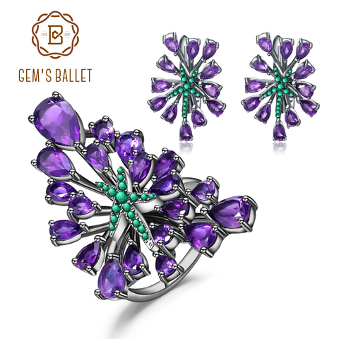 GEM'S BALLET-pendientes de GEMA de Plata de Ley 925, conjunto de anillo de amatista Natural, conjunto de joyería para mujer Punk gótico Vintage ► Foto 1/6