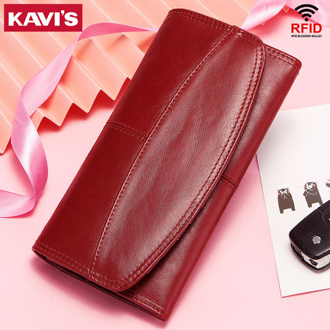 KAVIS 100%-cartera de piel auténtica Rfid para mujer, monedero a la moda, bolso de mano tipo monedero, bolsillo largo tiempo ► Foto 1/6