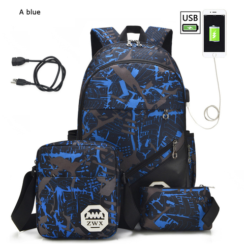 Conjunto de 3 mochilas escolares con USB para hombre y mujer, conjunto de 3 mochilas escolares de un hombro para estudiantes, 2022 ► Foto 1/6
