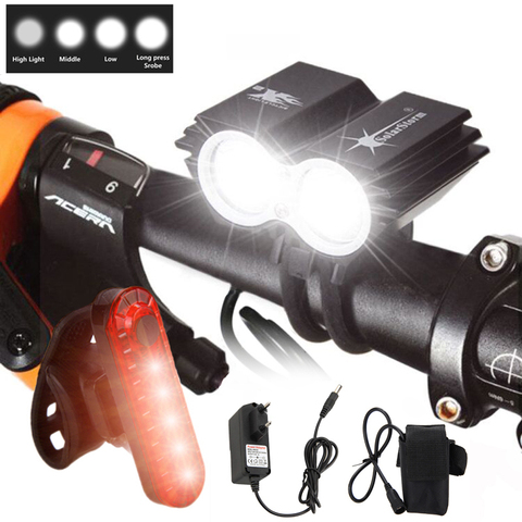 Impermeable luz de la bici de 2 * T6 LED luz de la bicicleta de 4 modos de MTB Carretera frente ciclismo faro + seguridad alerta roja láser de luz trasera ► Foto 1/6