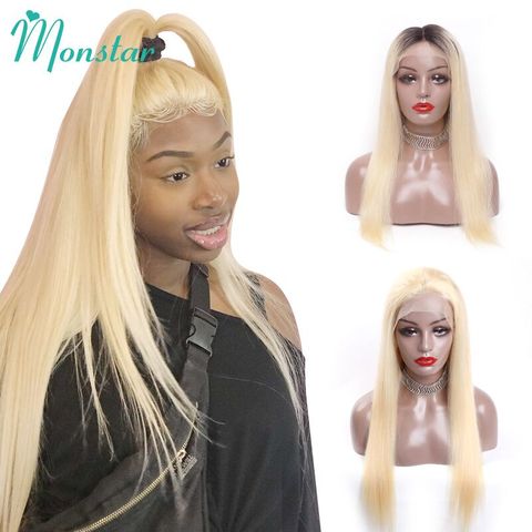 Monstar Pre arrancado 1B 613/613 de encaje frente Peluca de cabello humano 150% de densidad de 26 pulgadas Rubio brasileño Remy peluca recta para las mujeres negras ► Foto 1/6