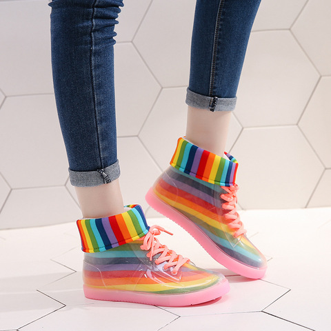 Botas para la lluvia al tobillo para mujer, calzado con plataforma con cordones, impermeable, colorido, dfv45 ► Foto 1/6