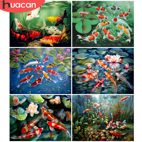 HUACAN diamante pintura Animal peces Cruz puntada bordado de diamantes carpa mosaico Lotus decoración del hogar regalo hecho a mano ► Foto 1/6