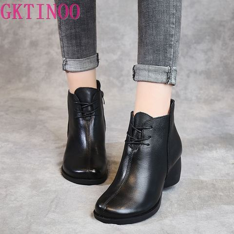 GKTINOO-Botas de piel auténtica con tacón grueso para mujer, botines de mujer, zapatos Retro hechos a mano, zapatos cortos con cremallera ► Foto 1/6