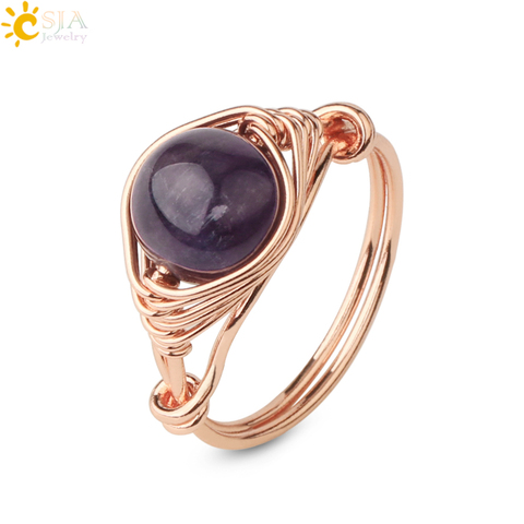 CSJA-Anillo de piedras naturales redondas para mujer, Color oro rosa, envoltura de cable hecho a mano, anillos creativos para dedo para mujer, joyería curativa G345 ► Foto 1/6