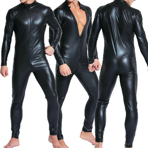 Más M-4XL hombres fuertes negro látex de cuero PVC mono Top PU Sexy Zentai Catsuit hombre Gay leotardo cremallera abierta de la entrepierna mono ► Foto 1/6