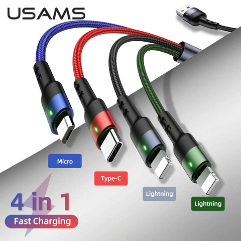 USAMS 4 en 1 Cable USB C Cable de carga Micro USB Cable de carga para Huawei Xiaomi Samsung Iphone Lightning Cable de datos U26 ► Foto 1/6