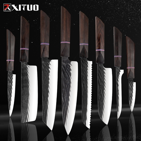 XITUO-juego de 8 cuchillos de cocina afilados y japoneses, hechos a mano, cuchillo de Chef de acero 440C, cuchillo de pelar de utilidad Kiritsuke Santoku ► Foto 1/6