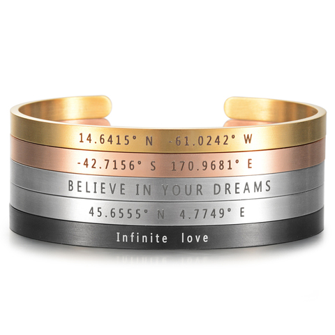 Brazaletes de coordenadas personalizados de acero inoxidable cepillado, 5mm de ancho, grabado láser, brazalete abierto Ajustable, regalo de pulsera de viaje ► Foto 1/6