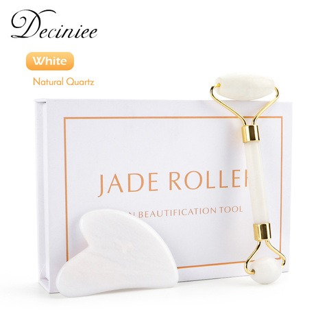 Rodillo rascador de cuarzo Natural para masaje Facial, piedra de Jade, conjunto de Gua Sha, masajeador Facial antiarrugas, herramienta para cuello cuerpo y espalda, color blanco ► Foto 1/6