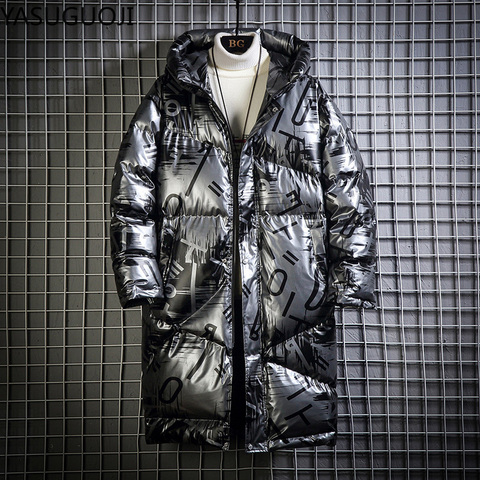 Yasuguji-Chaqueta gruesa y cálida para hombre, Parka larga de algodón con capucha, Color plateado brillante, abrigo de talla grande para invierno ► Foto 1/5