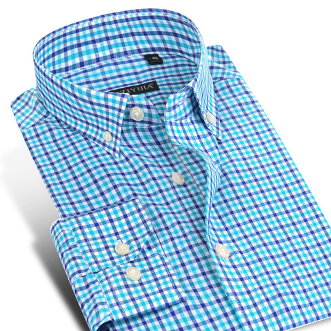 Camisas de algodón a cuadros de estilo inglés para hombre, camisa informal de manga larga con diseño sin bolsillo y botones, de ajuste estándar, Gingham ► Foto 1/6