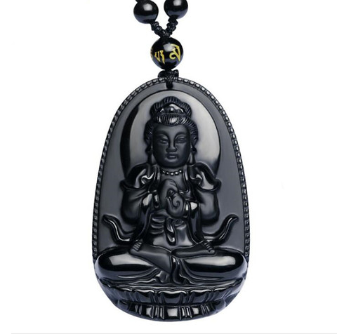 Colgante de obsidiana tallada con forma de Buda para hombre y mujer, collar con amuleto de la suerte, color negro Natural, joyería de moda, 48x32mm ► Foto 1/6