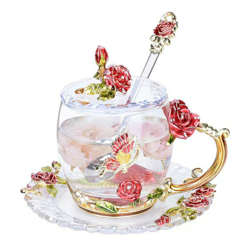 Taza de café de esmalte de rosa roja, tazas de cristal y tazas de té de alta calidad, regalo para beber pareja, juego de té para enamorados ► Foto 1/4