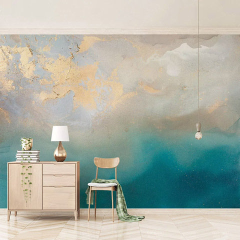 Papel tapiz 3D personalizado para decoración de sala de estar, Mural de Pintura Al Óleo Abstracta moderna con textura dorada de mar azul, decoración de pared de fondo de TV ► Foto 1/6