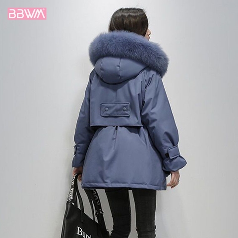 Negro con capucha de manga larga cuello de piel de invierno cálido mujer Chic abrigo estilo coreano larga de moda Chic suelto abajo chaqueta de las mujeres ► Foto 1/6