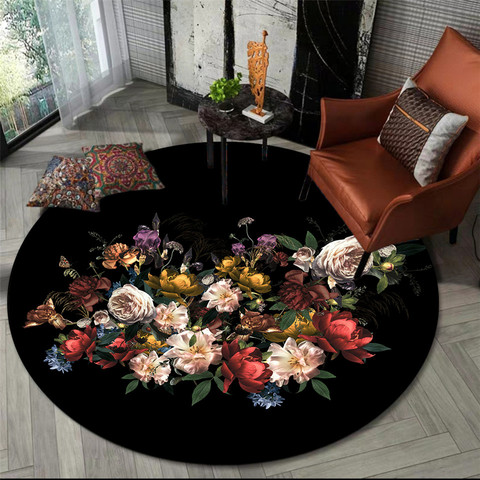 Alfombra de estilo europeo Retro negro Floral redonda para dormitorio, área, alfombra junto a la mesa de salón de café, alfombrilla para suelo y silla alfombra para los pies de la cama ► Foto 1/6