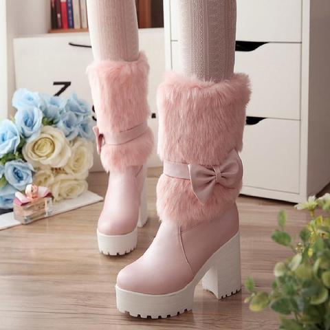 Botas de nieve de tacón alto para mujer, botas de piel de estudiante de Lolita agradable arco, zapatos de Cachemira que mantienen el calor, bonitos con lazo, kawaii ► Foto 1/6