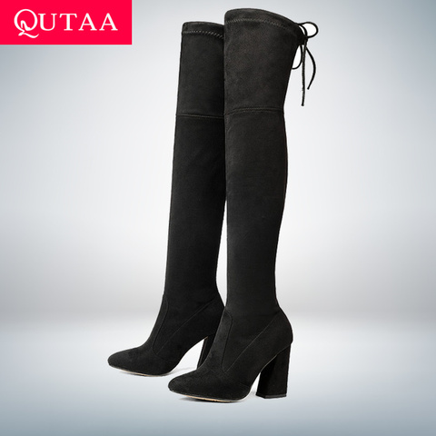 QUTAA-Botas por encima de la rodilla de piel aterciopelada para mujer, zapatos sexys de tacón alto con cordones, talla 34-43, para otoño e invierno, 2022 ► Foto 1/6