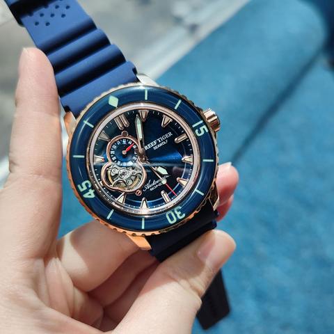 Reef Tiger/RT-relojes de buceo de lujo para hombre, cronógrafo automático de tono rosa dorado, azul, correa de nailon, RGA3039 ► Foto 1/6