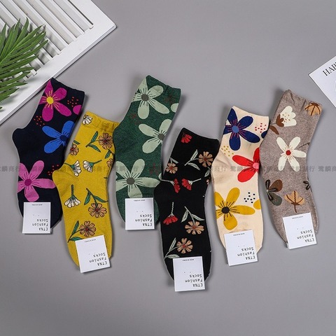 Calcetines de algodón con estampado Floral para otoño e invierno, calcetín de mujer con estampado de flores ► Foto 1/6