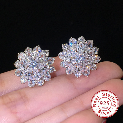 Lindo gran AAAAA bling Cubic Zirconia 925 pendientes tipo botón de plata fina aretes de flores de moda para mujeres joyería regalo Brincos ► Foto 1/6