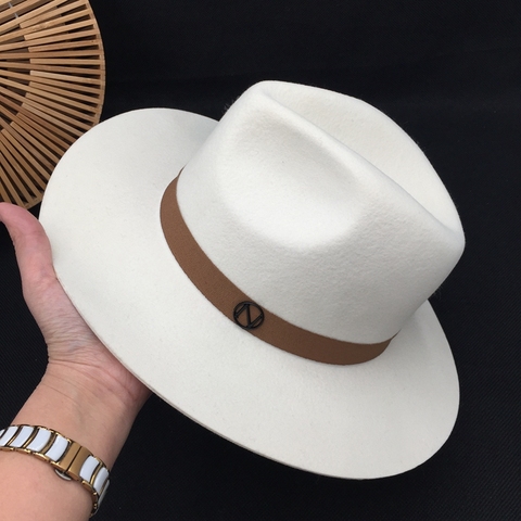 Fedora-Sombrero de lana para hombre y mujer, gorro de lana con estampado de gato Panamá, gorra blanca y cinta marrón, doble Logotipo de metal negro ► Foto 1/6