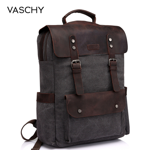 VASCHY-mochila de cuero para ordenador portátil, bolso informal de lona para viaje, escuela, Campus, con compartimento para ordenador portátil de 15,6 pulgadas ► Foto 1/6