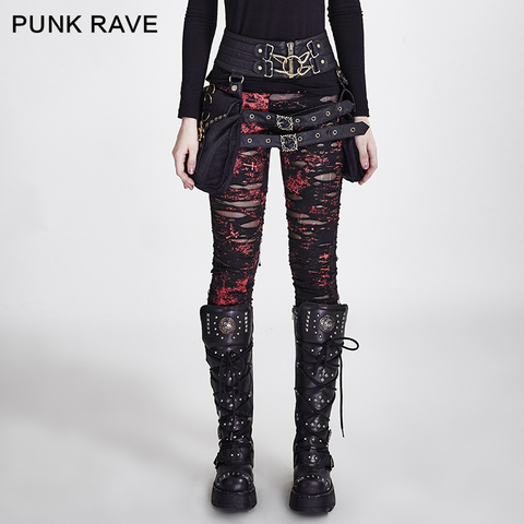 PUNK RAVE gótico mujeres roto Leggings de malla de alta elástico agujeros de punto transpirable arrancó los pantalones Rojo Negro Steampunk encanto Sexy. ► Foto 1/6