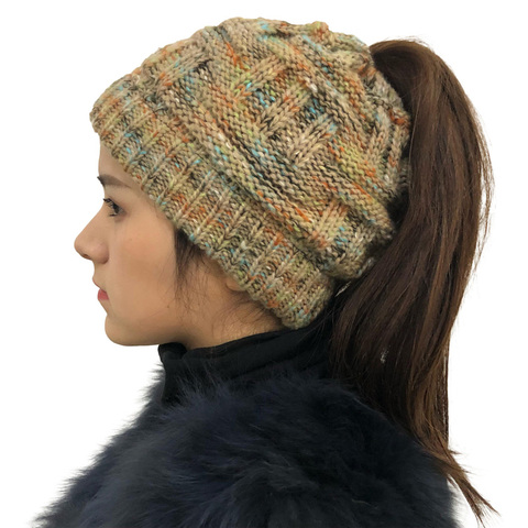 Gorro de punto suave con cola de caballo para mujer, gorro de lana elástico de ganchillo, moño desordenado, gorro informal, gorros para niña ► Foto 1/6