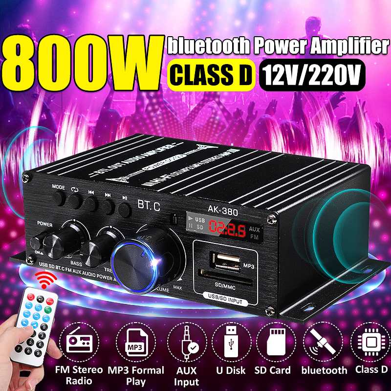 AMPLIFICADOR DE POTENCIA AK380/AK370, 800W, Audio, Karaoke, cine en casa, 2 canales, Bluetooth, Clase D, FM, USB/SD, entrada auxiliar ► Foto 1/6