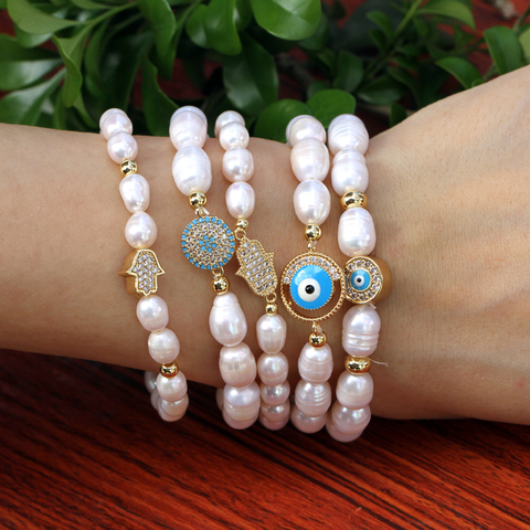 Perlas de agua dulce, pulseras de ojo turcas pulsera elástica pulsera de mano con cúbicos zirconiumFor las mujeres ► Foto 1/6