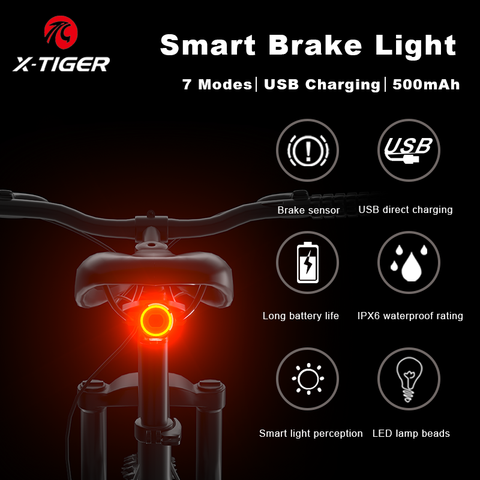 Luz inteligente de detección de freno para bicicleta de X-TIGER, IPX6, resistente al agua, trasera, carga USB, con LED COB ► Foto 1/6