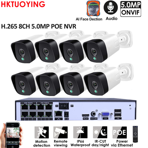 Sistema de videovigilancia de seguridad, kit de cámaras de 5MP, H.265, 8 canales, POE, grabación de audio, Rj45, IP, IR al aire libre, impermeable, vídeo, conjunto de vigilancia, NVR ► Foto 1/6