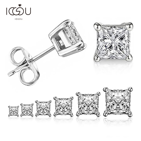 IOGOU-pendientes tipo botón de plata fina para mujer, 4 garras cuadradas, pendientes de circonia, boda, compromiso, novia, regalo de joyería de diamante 925 ► Foto 1/6