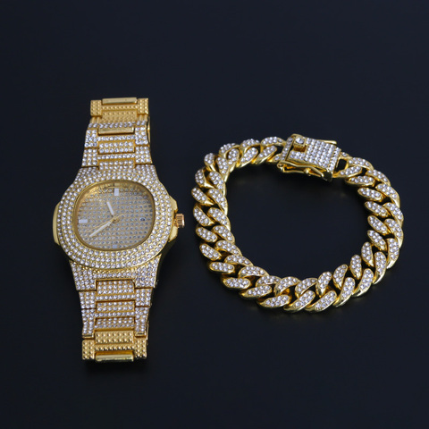 De Hip Hop para hombres pulseras Bling cristal con diamantes Miami de la cadena de oro de Color de plata reloj de los hombres + conjunto de pulsera de lujo de Hip Hop 2022 nuevo ► Foto 1/6