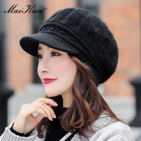 Maikun-gorros de lana de punto para mujer, boina con lengua de pato, conejo salvaje, informal, para otoño e invierno, frío y cálido ► Foto 1/6