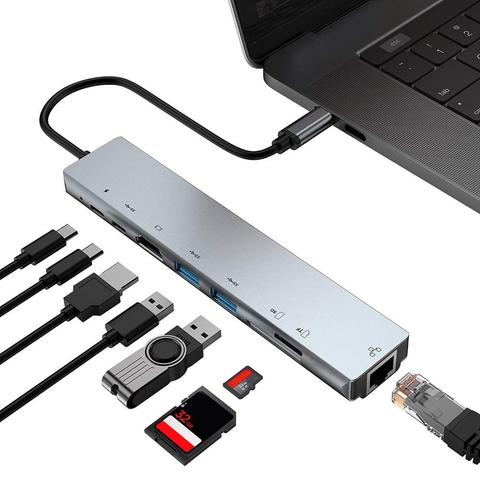 Estación de acoplamiento USB 8 en 1, tipo-c a 4K HDMI RJ45, estación de acoplamiento USB 3,0 TF PD, adaptador de concentrador, estación de acoplamiento de carga rápida ► Foto 1/6