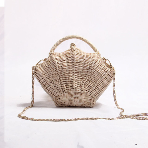 Bandolera pequeña con cadena en forma de concha, bolso de paja de ratán tejido para playa y vacaciones ► Foto 1/6