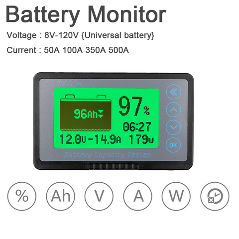 Medidor de capacidad de 120V CC 0-500A Coulomb, Monitor de batería, medidor de potencia de 350A 100A 50A 50A para litio Lifepo4, ácido de plomo, para coche RV 12V 24V 48V ► Foto 1/6